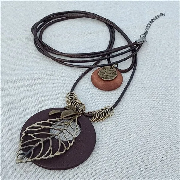 Vintage Long Handmade Leather Alloy Necklace