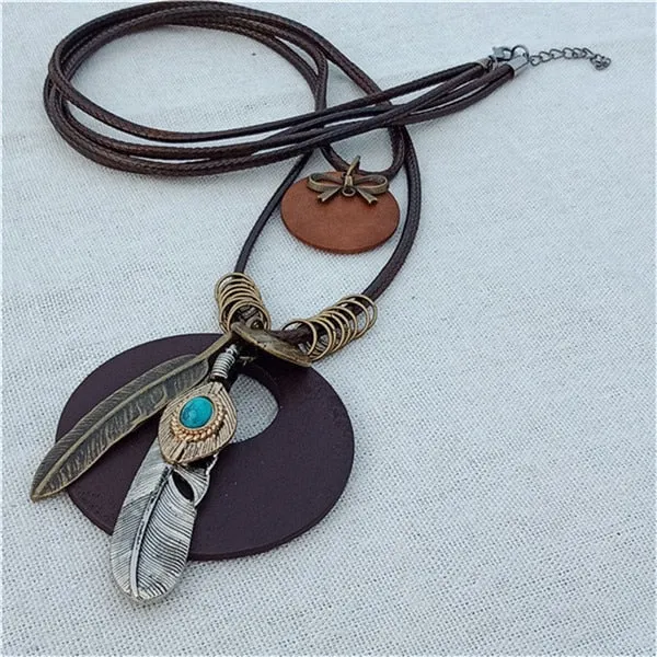 Vintage Long Handmade Leather Alloy Necklace