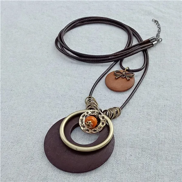 Vintage Long Handmade Leather Alloy Necklace