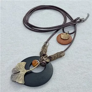 Vintage Long Handmade Leather Alloy Necklace
