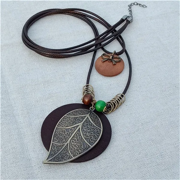 Vintage Long Handmade Leather Alloy Necklace