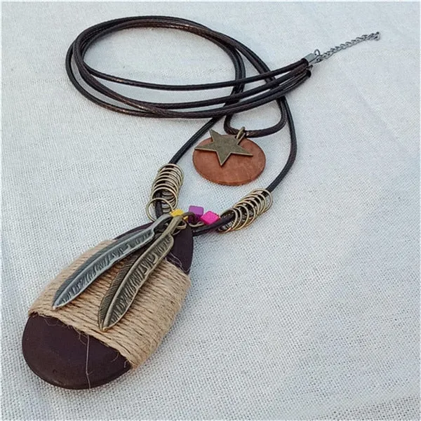 Vintage Long Handmade Leather Alloy Necklace
