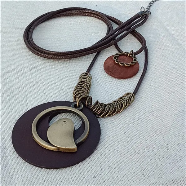 Vintage Long Handmade Leather Alloy Necklace
