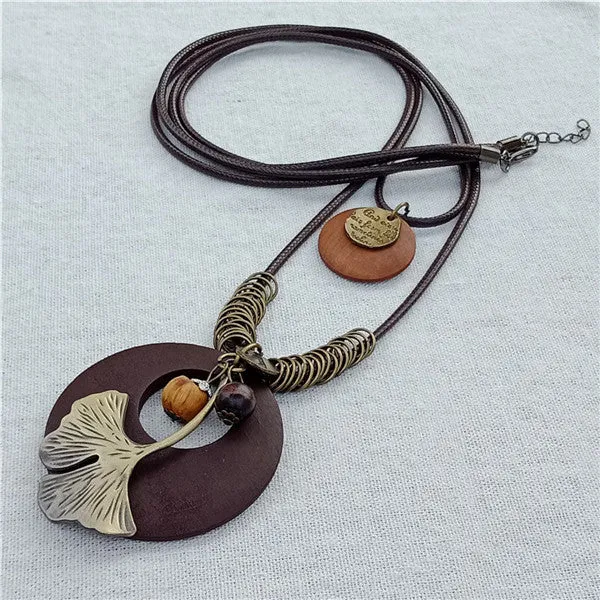 Vintage Long Handmade Leather Alloy Necklace