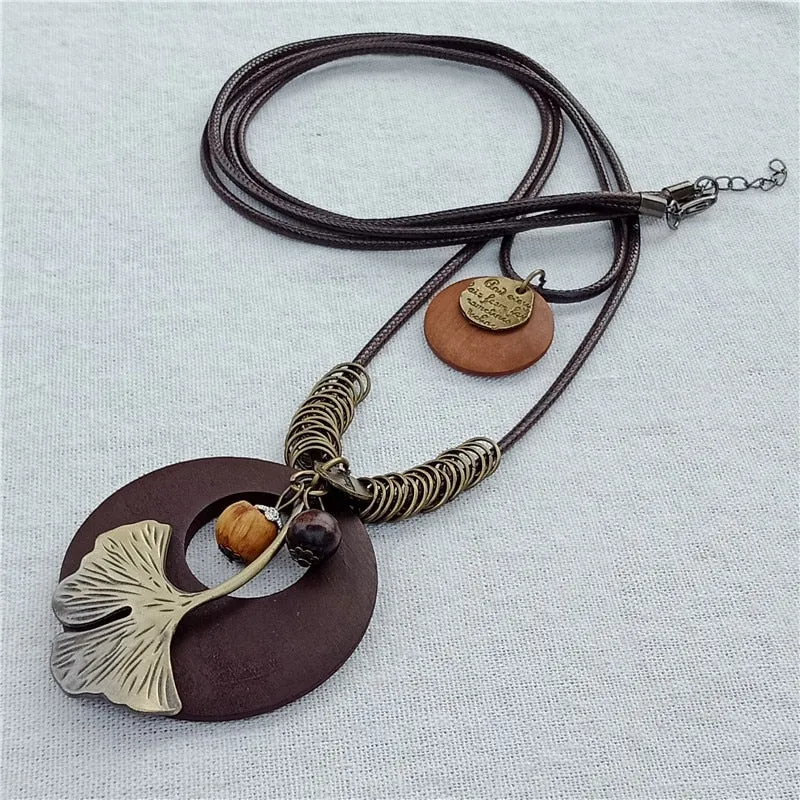 Vintage Long Handmade Leather Alloy Necklace
