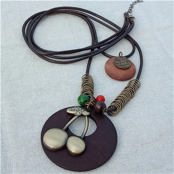 Vintage Long Handmade Leather Alloy Necklace
