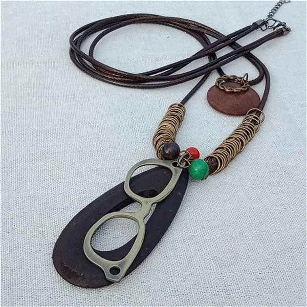 Vintage Long Handmade Leather Alloy Necklace
