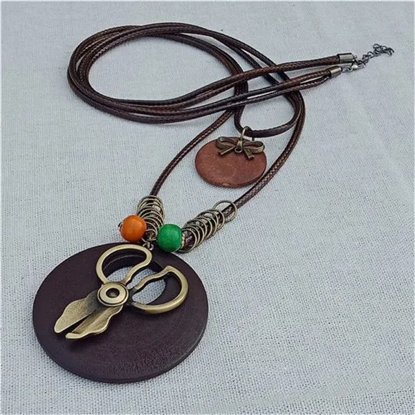 Vintage Long Handmade Leather Alloy Necklace