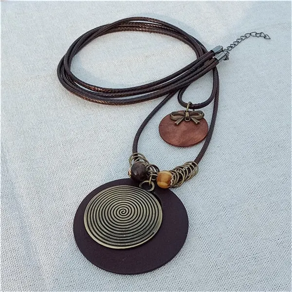 Vintage Long Handmade Leather Alloy Necklace