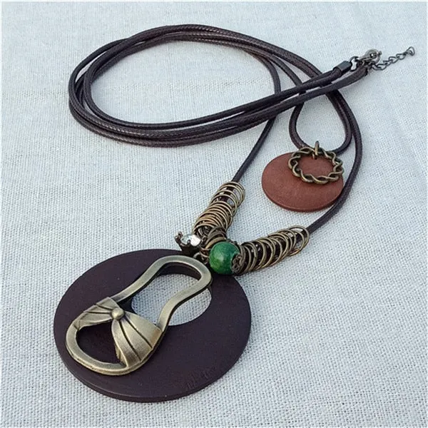Vintage Long Handmade Leather Alloy Necklace
