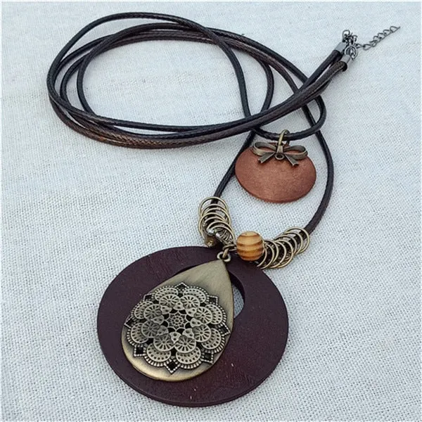 Vintage Long Handmade Leather Alloy Necklace