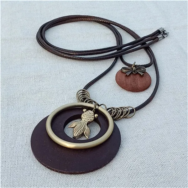 Vintage Long Handmade Leather Alloy Necklace