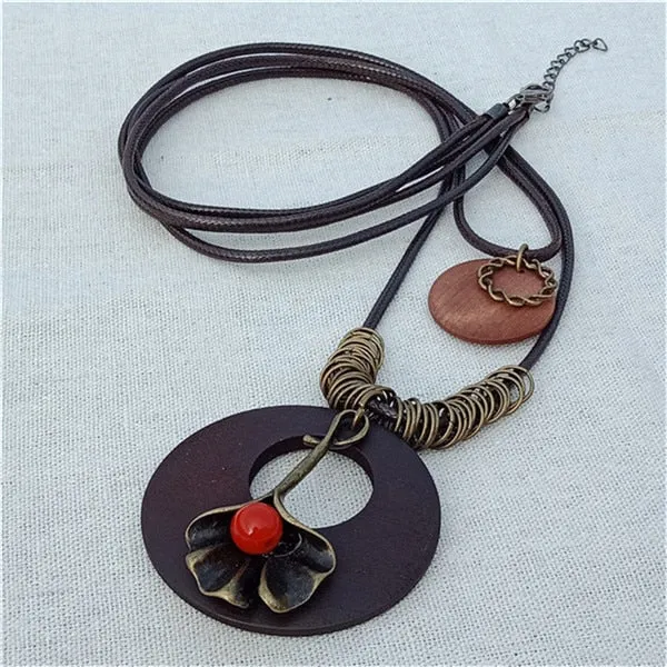 Vintage Long Handmade Leather Alloy Necklace