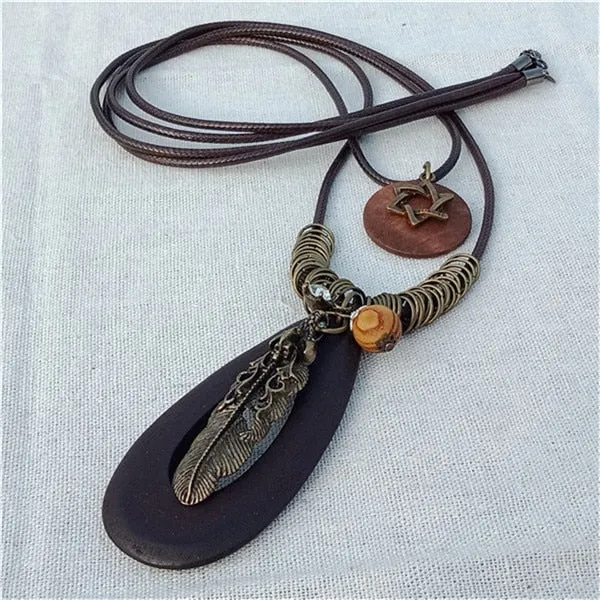 Vintage Long Handmade Leather Alloy Necklace