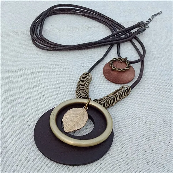 Vintage Long Handmade Leather Alloy Necklace