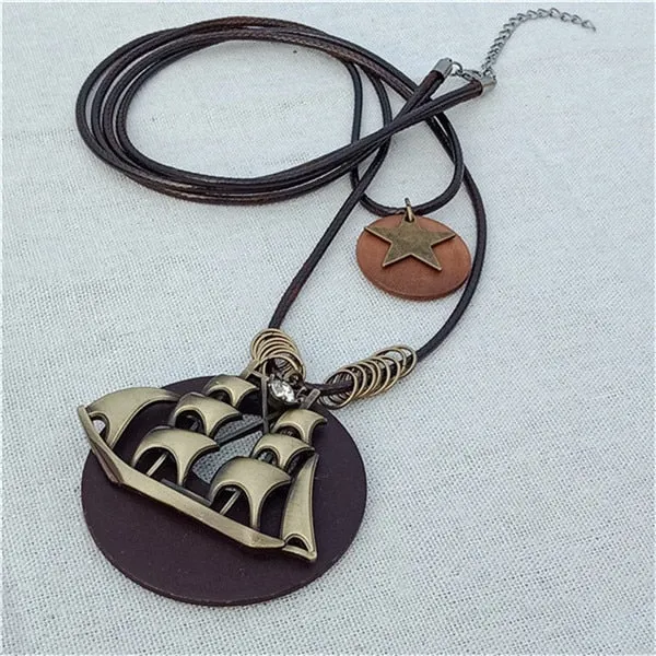 Vintage Long Handmade Leather Alloy Necklace