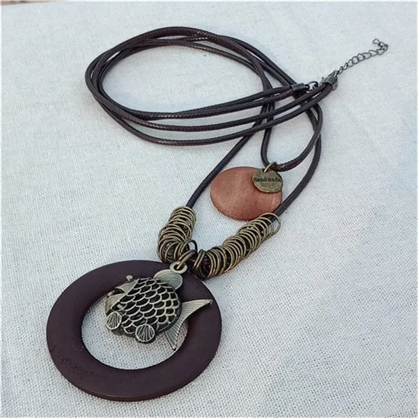 Vintage Long Handmade Leather Alloy Necklace
