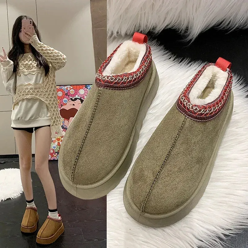 Warm Plush Interior Winter Shoes for Women Winter New Cashmere Warm Thick Sole Low Boot Half Slipper Shoe w/ Fur Lining