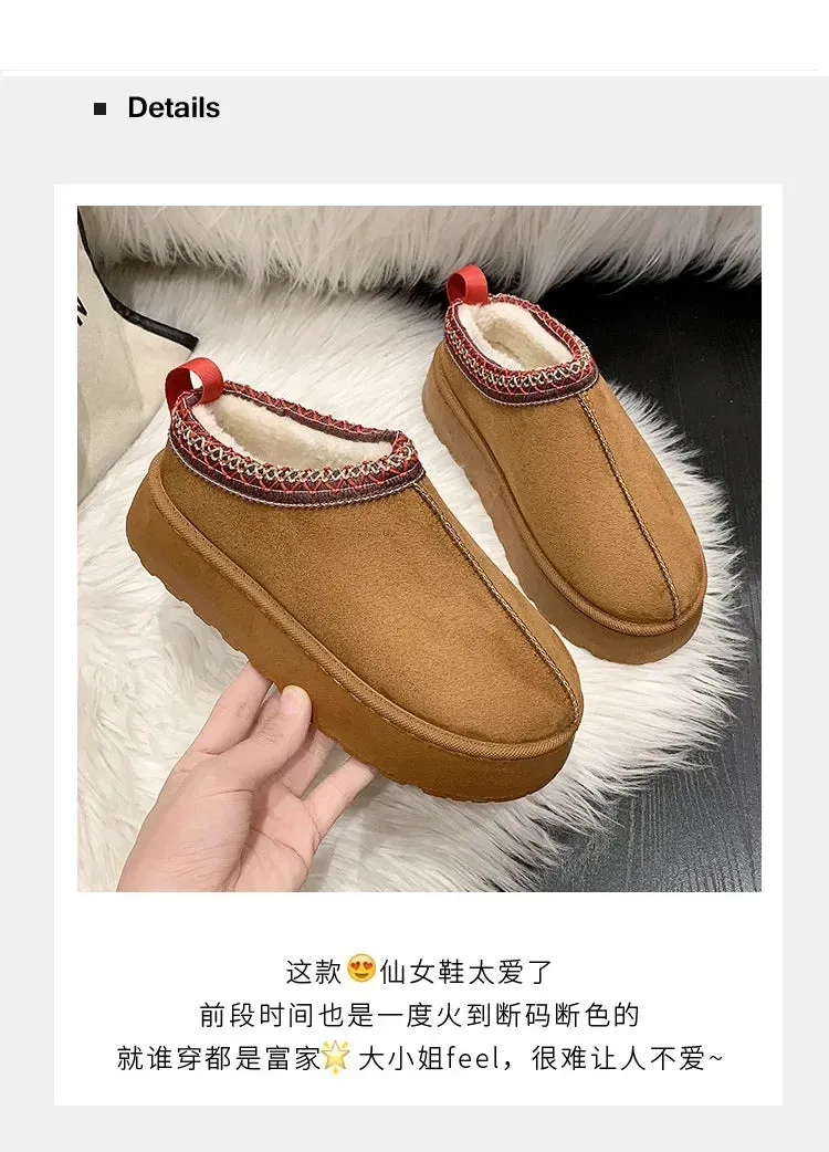 Warm Plush Interior Winter Shoes for Women Winter New Cashmere Warm Thick Sole Low Boot Half Slipper Shoe w/ Fur Lining