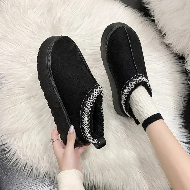 Warm Plush Interior Winter Shoes for Women Winter New Cashmere Warm Thick Sole Low Boot Half Slipper Shoe w/ Fur Lining