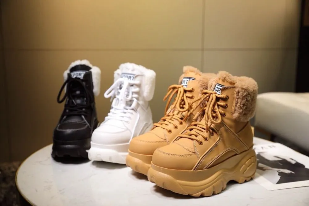 Winter Fashion White Casual Women's Boots Genuine Leather Platform Sports High-top Women's Shoes New Comfortable Wool Warm Boots