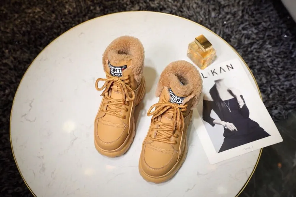 Winter Fashion White Casual Women's Boots Genuine Leather Platform Sports High-top Women's Shoes New Comfortable Wool Warm Boots