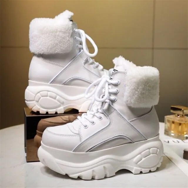 Winter Fashion White Casual Women's Boots Genuine Leather Platform Sports High-top Women's Shoes New Comfortable Wool Warm Boots