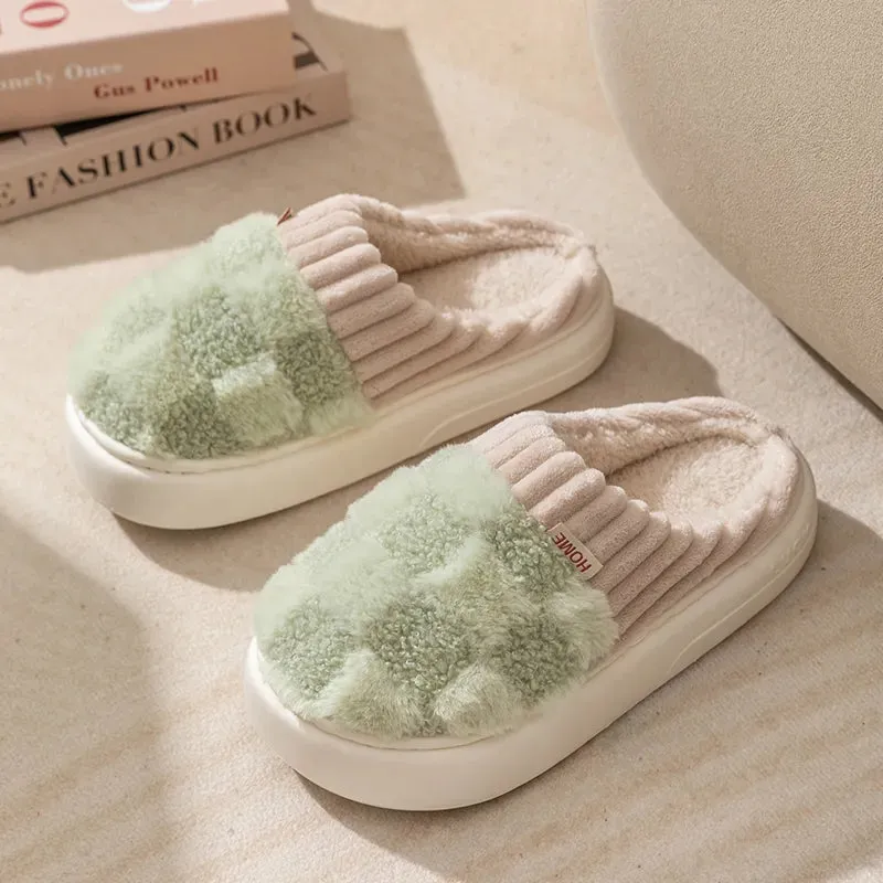 Winter Toe Wrap Warm Plaid Cotton Slippers Thick Soft Sole Slides