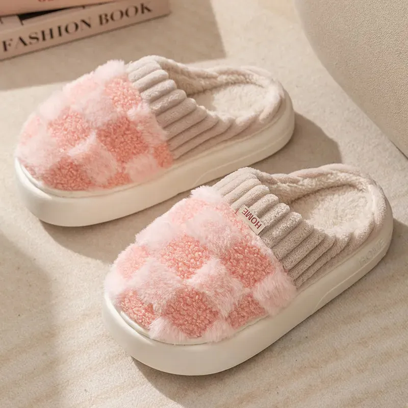 Winter Toe Wrap Warm Plaid Cotton Slippers Thick Soft Sole Slides