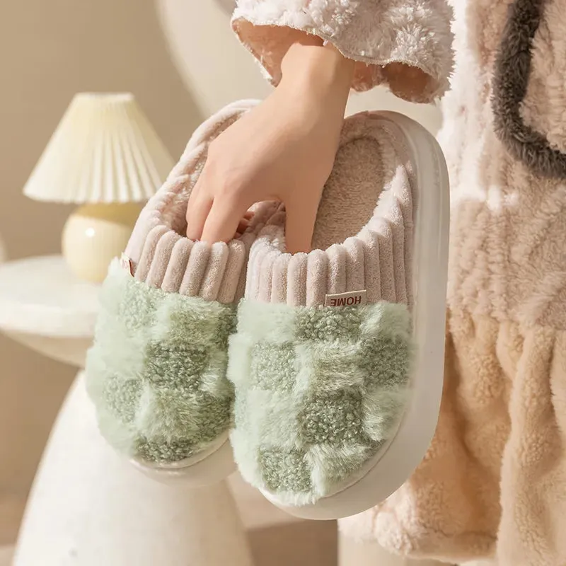 Winter Toe Wrap Warm Plaid Cotton Slippers Thick Soft Sole Slides