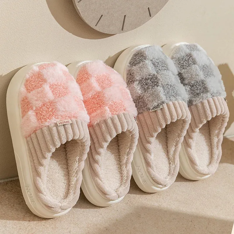 Winter Toe Wrap Warm Plaid Cotton Slippers Thick Soft Sole Slides