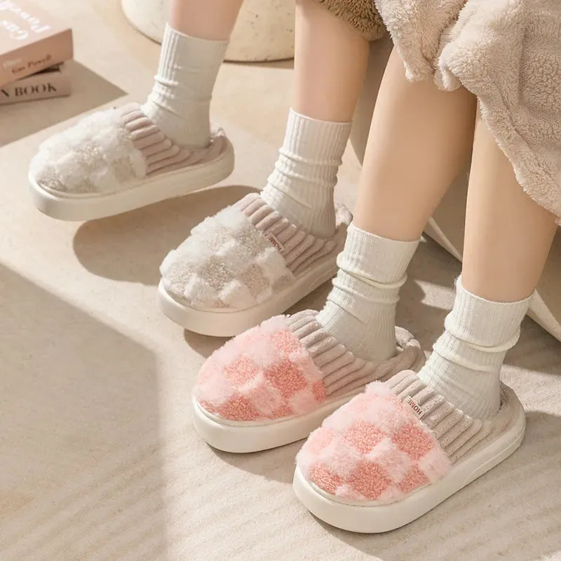 Winter Toe Wrap Warm Plaid Cotton Slippers Thick Soft Sole Slides