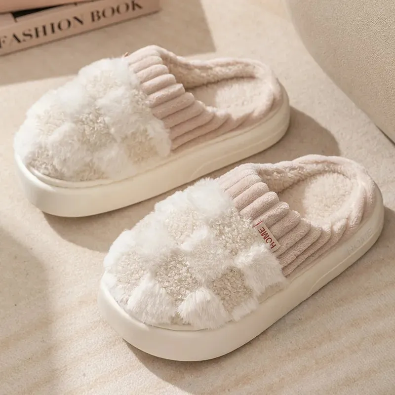 Winter Toe Wrap Warm Plaid Cotton Slippers Thick Soft Sole Slides