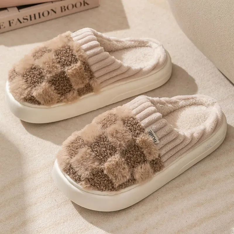 Winter Toe Wrap Warm Plaid Cotton Slippers Thick Soft Sole Slides