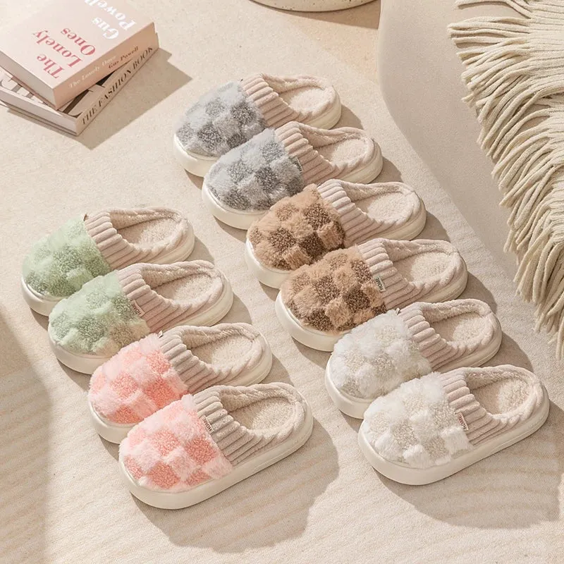 Winter Toe Wrap Warm Plaid Cotton Slippers Thick Soft Sole Slides