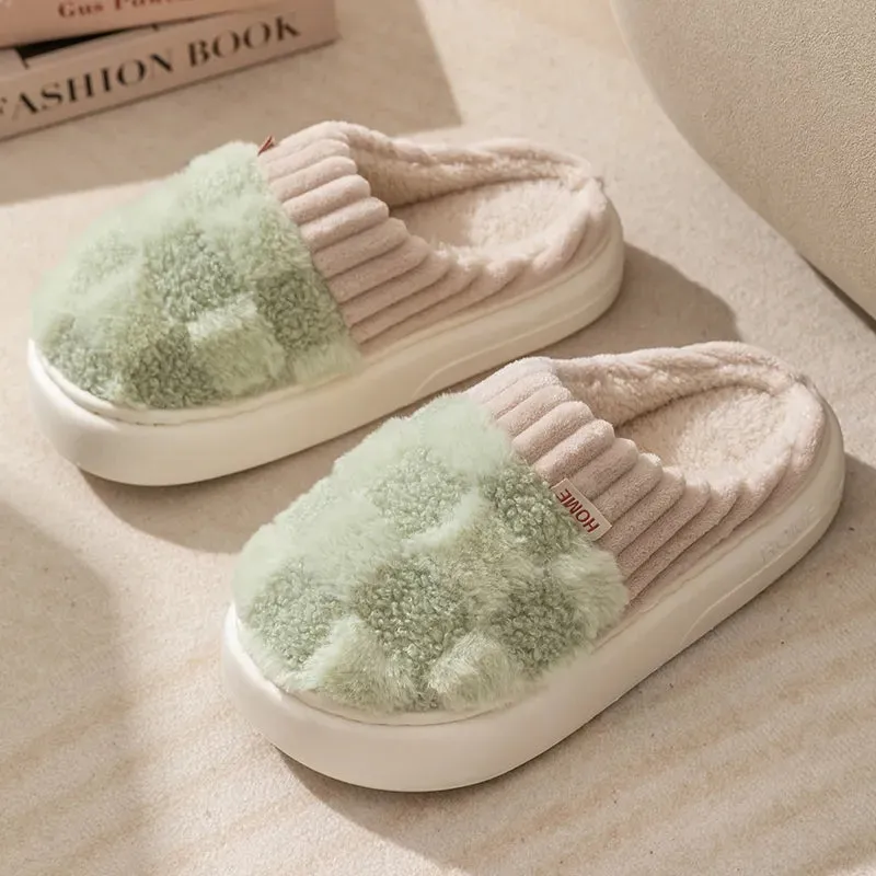 Winter Toe Wrap Warm Plaid Cotton Slippers Thick Soft Sole Slides