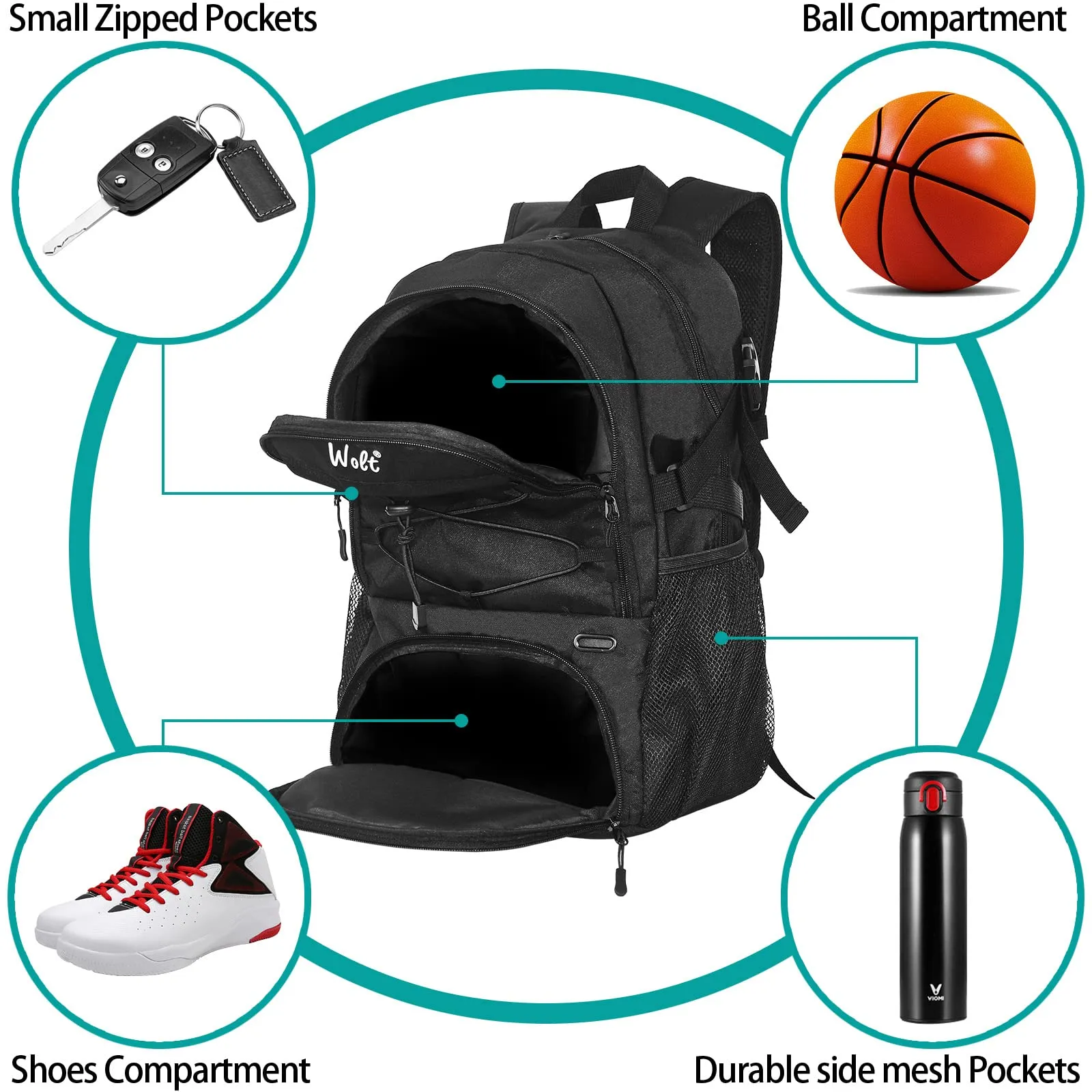 WOLT Basketball Backpack with Shoes Compartment for Basketball, Soccer, Volleyball, Swim, Gym, Travel