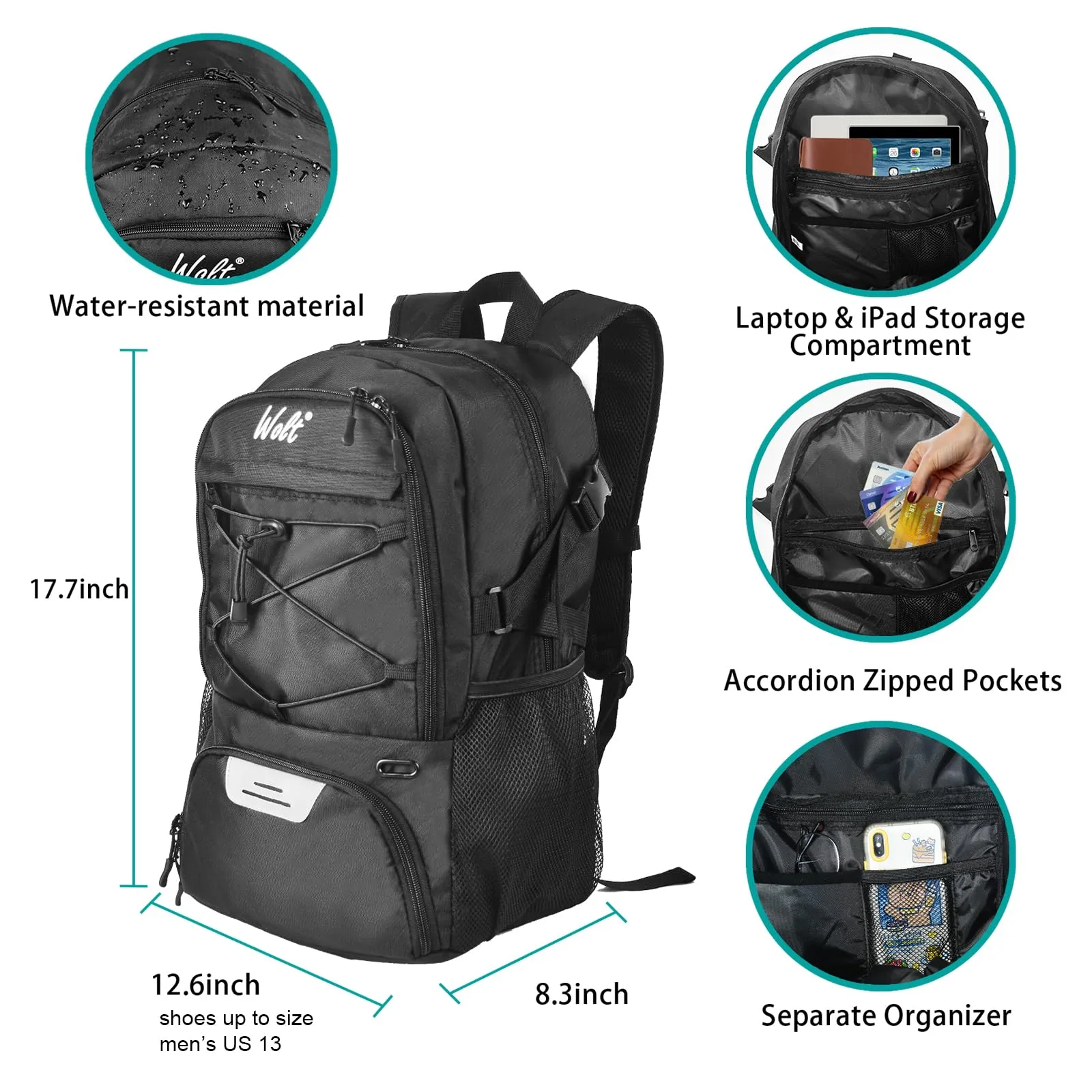 WOLT Basketball Backpack with Shoes Compartment for Basketball, Soccer, Volleyball, Swim, Gym, Travel