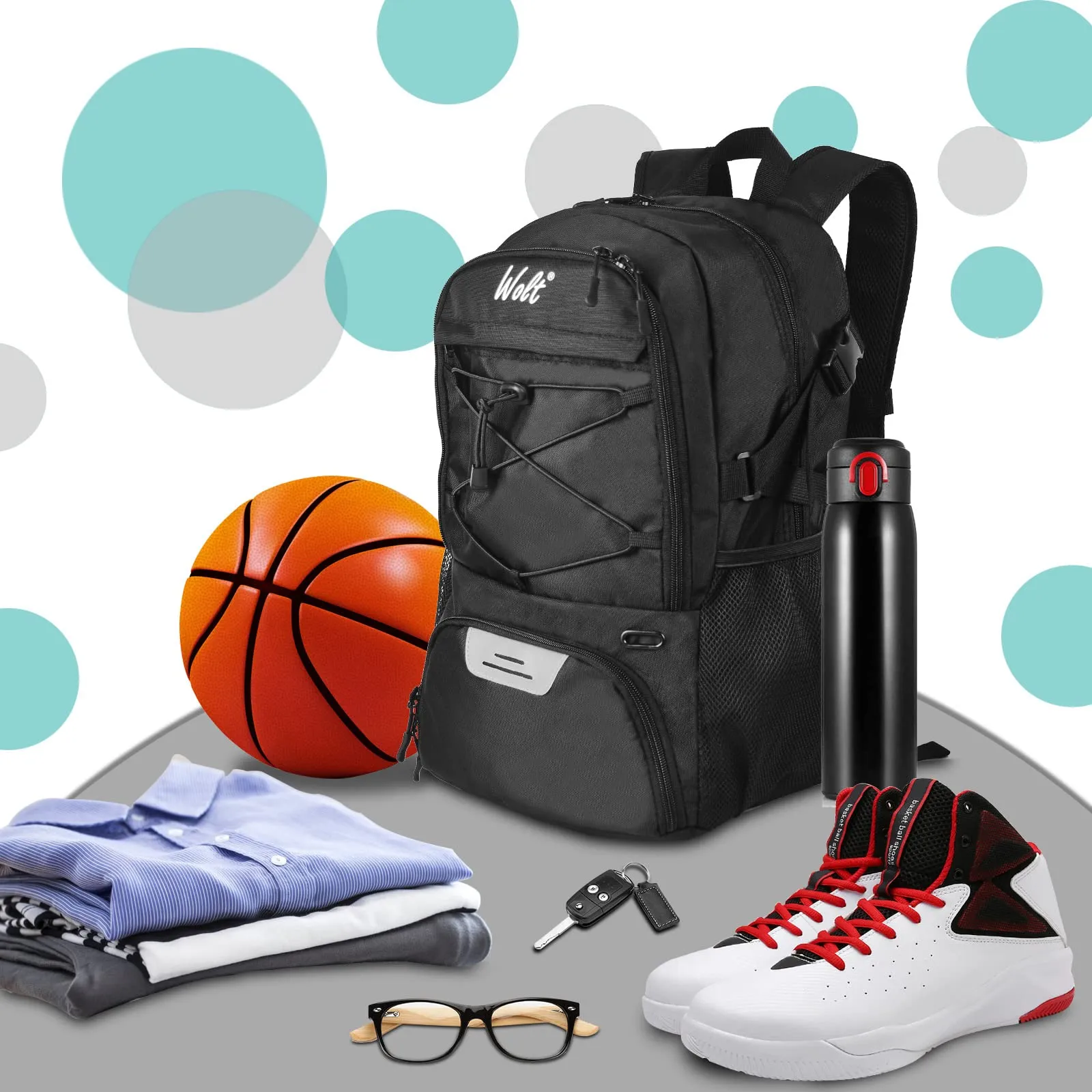 WOLT Basketball Backpack with Shoes Compartment for Basketball, Soccer, Volleyball, Swim, Gym, Travel