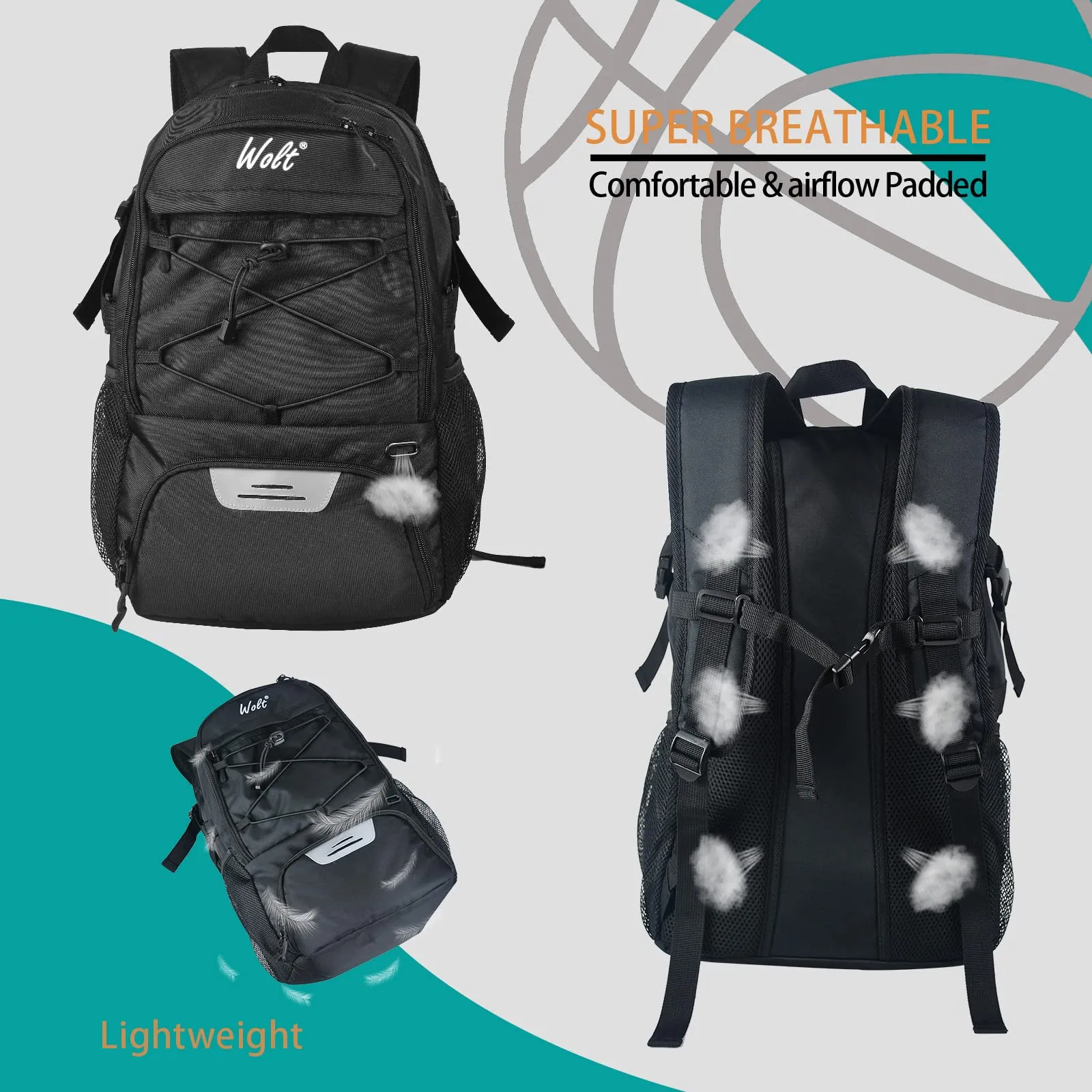 WOLT Basketball Backpack with Shoes Compartment for Basketball, Soccer, Volleyball, Swim, Gym, Travel