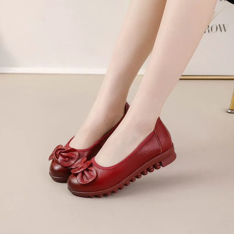 Women Comfortable Cowhide Leather Casual Slip-On Flats Shoes