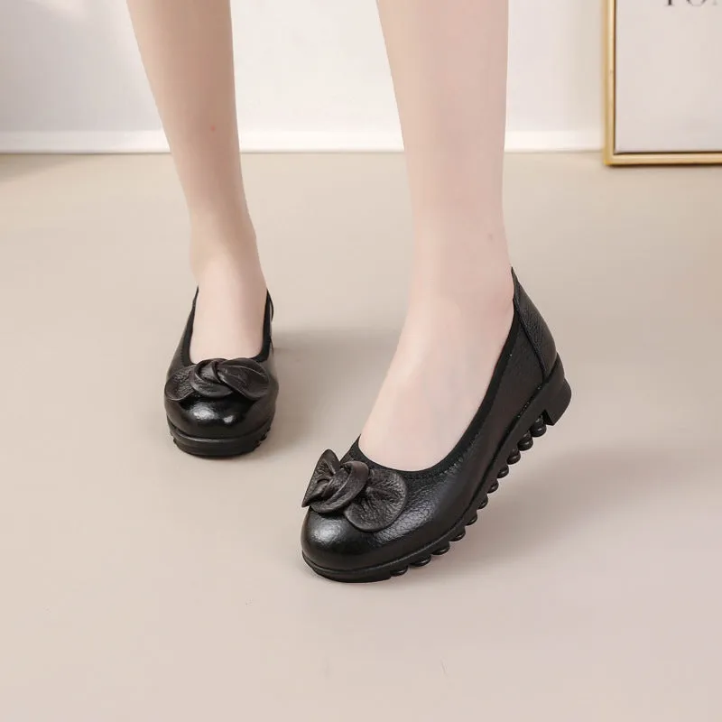 Women Comfortable Cowhide Leather Casual Slip-On Flats Shoes