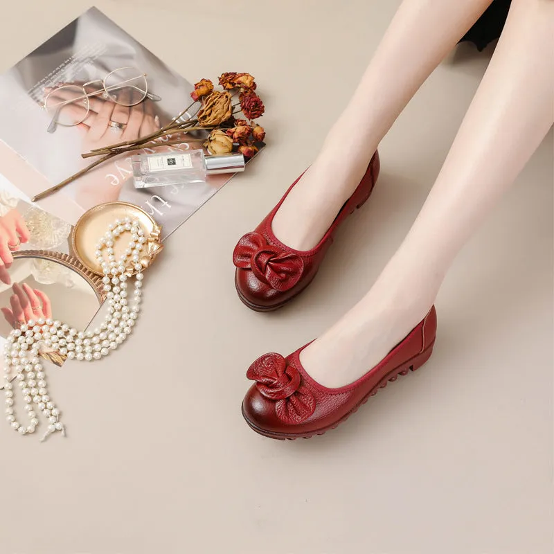 Women Comfortable Cowhide Leather Casual Slip-On Flats Shoes