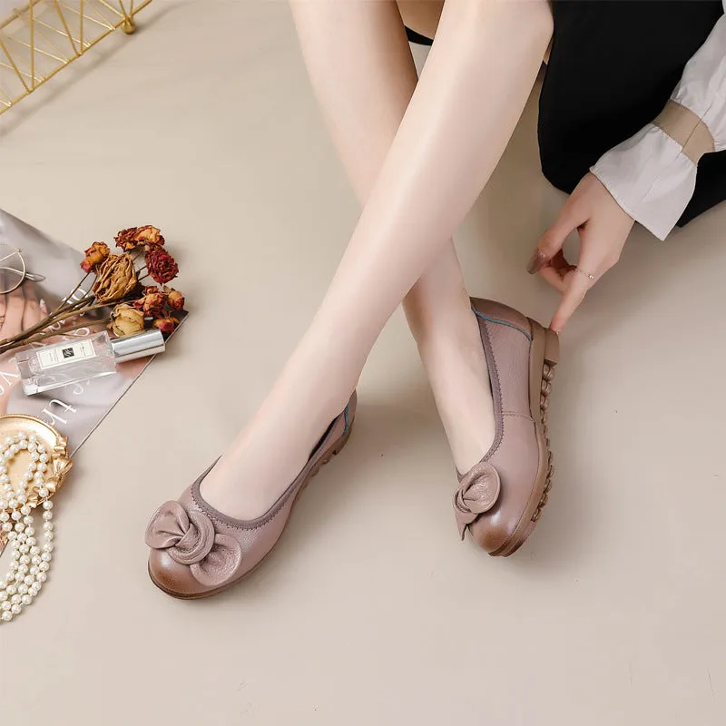 Women Comfortable Cowhide Leather Casual Slip-On Flats Shoes