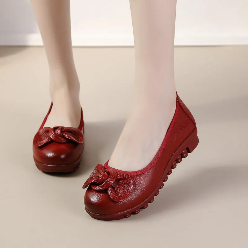 Women Comfortable Cowhide Leather Casual Slip-On Flats Shoes