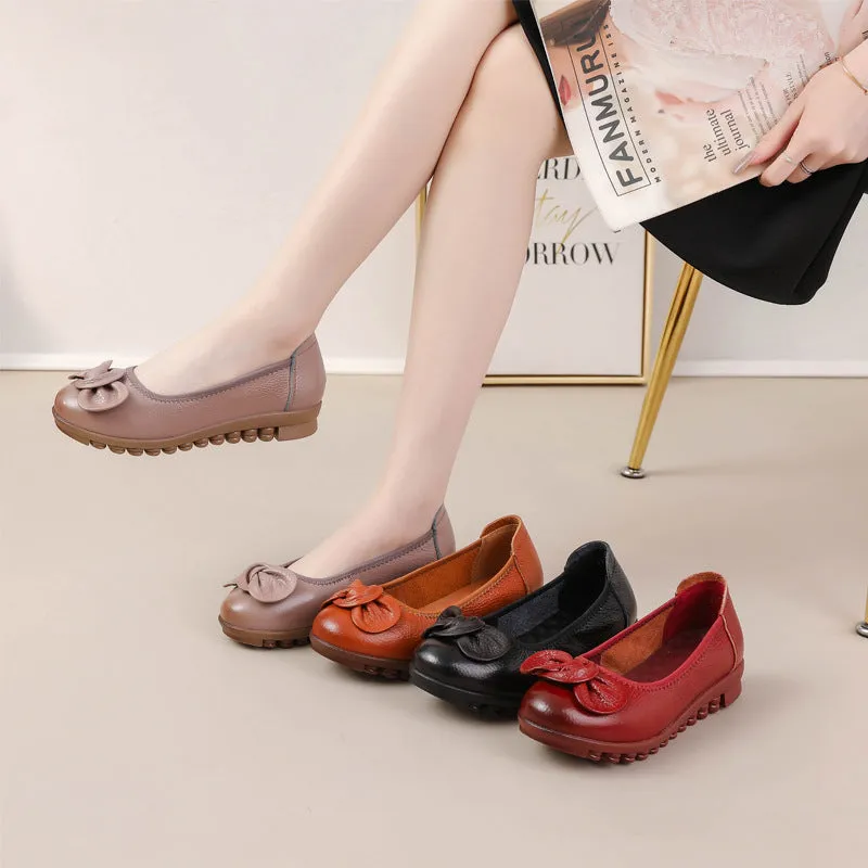 Women Comfortable Cowhide Leather Casual Slip-On Flats Shoes