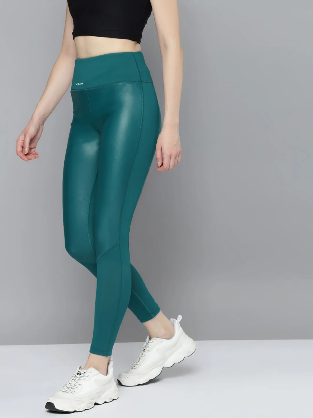 Women Teal Green Shin On Rapid Dry Training Tights