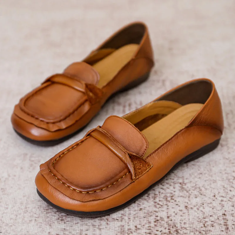 Women's Flat Casual Leather Shoes Soft Sole Round Toe Comfortable Shoes
