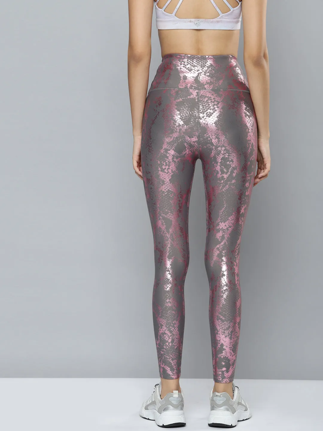 Women's Grey & Pink Snake Print Training Tights