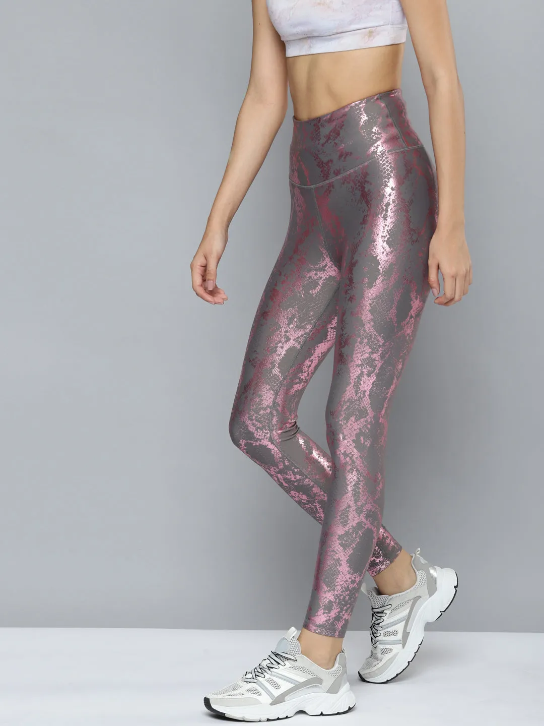 Women's Grey & Pink Snake Print Training Tights